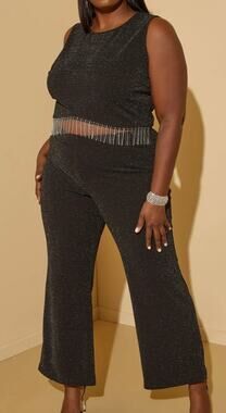 Plus 30/32 - 5X | Embellished Stretchy High Rise Flared Pants + Top | 2-pc set
